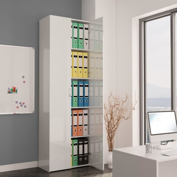 armoire de bureau rangement etagères contemporain blanc brillant 60x32x190 cm aggloméré