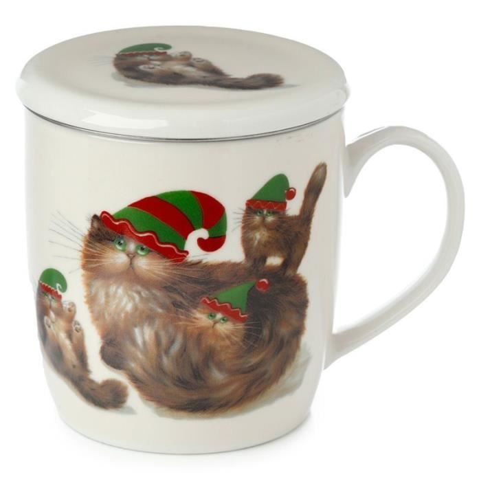 Mug à Infusion Avec Infuseur Chary - Porcelaine Blanche Décor Chats - Neuf Fabriqué En France