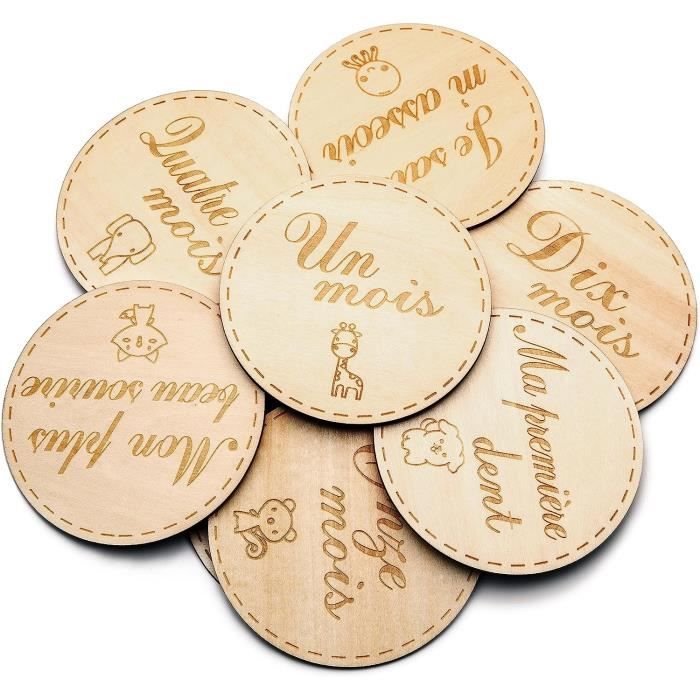 Carte Étape Bébé Bois 30 Moments - 15 Disques Gravés Recto Verso + Pochette - Souvenirs Naissance