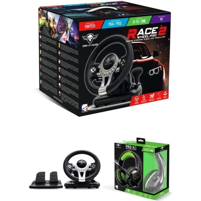 Volant et pédales de jeu Vidéo Race Pro Wheel 2 compatible Xbox Séries X|S PS4 PS3 SWITCH PC SPIRIT OF GAMER + CASQUE GAMER XBOX ONE