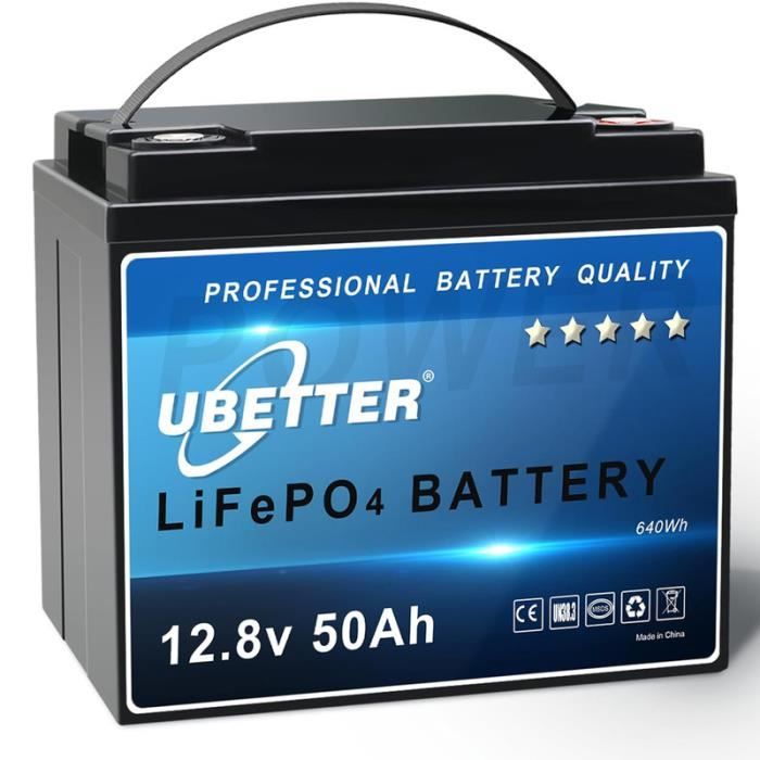 UBETTER Batterie au lithium rechargeable LiFePO4 12 V 50 Ah avec BMS 50 A,640 Wh, batterie pour marine, système solaire, camping-car
