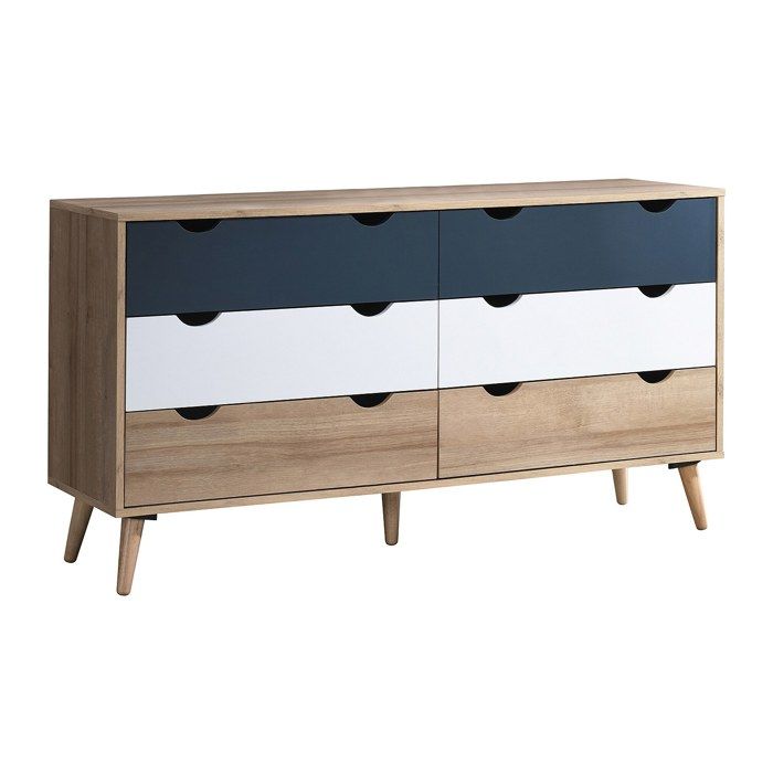Commode 6 tiroirs - Coloris : Naturel blanc et bleu marine - LURVIA