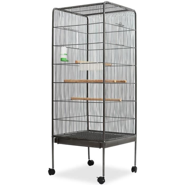 Cage à oiseaux - Acier - Noir - 54 x 54 x 146 cm - 4 perchoirs en bois - Bac coulissant