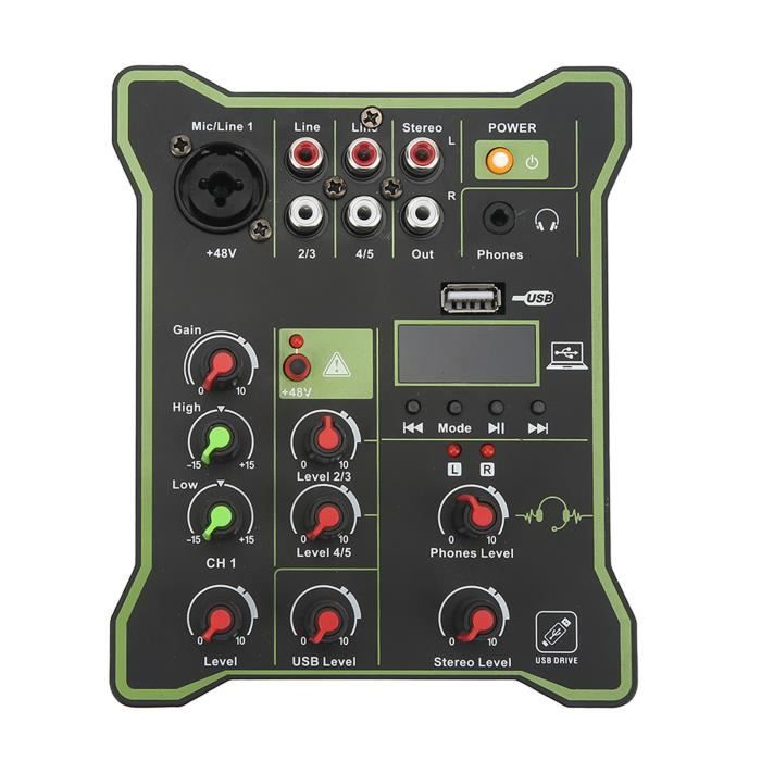 Mini Table De Mixage Audio 5 Canaux - Bluetooth, USB, Entrées Micro Avec Phantom 48V - Pour Home Studio, DJ Débutant, Karaoké, Présentations