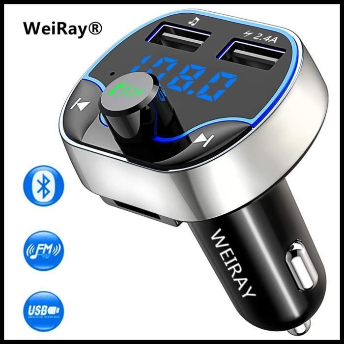 Transmetteur FM Bluetooth Voiture, Adaptateur Allume Cigare, 2 USB Port  5V/2.4A, Jack Lecteur pour Radio MP3, Appel Main Libre, Emetteur Recepteur  avec 7 LED de Couleur, Support Carte TF/Clé USB : 