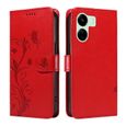 Verre trempé+Coque pour Xiaomi Redmi 13C 4G/5G/POCO C65, [Magnétique] Portefeuille Housse Etui en Cuir PU,Arbre à fleurs rouge XHS-1