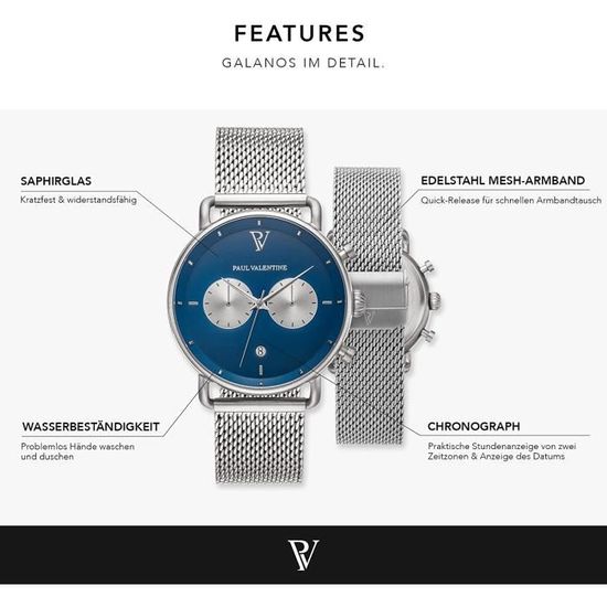 PAUL VALENTINE Montre Homme avec Bracelet en Maille milanaise en