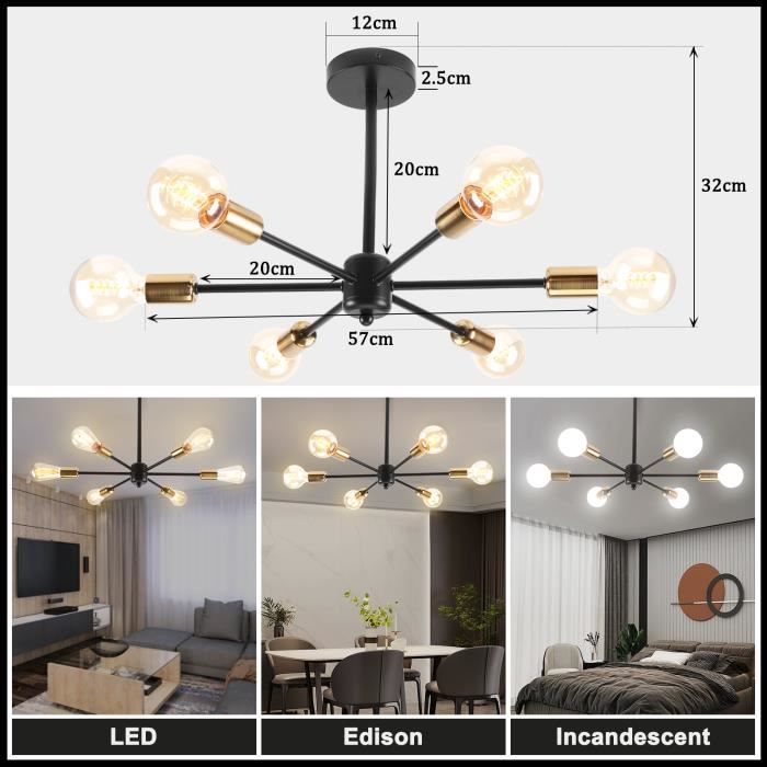 Plafonnier Industriel YindaLux 6 Lumières - Lustre Vintage Métal Noir - E27 Max 40W - Pour Salon/Cuisine