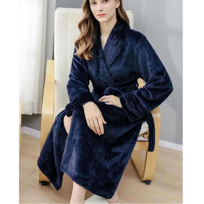 Peignoir Homme Robe de Chambre Manches Longue Noble et de Haute Qualite avec Cordon et Revers L XXL Bleu Marine