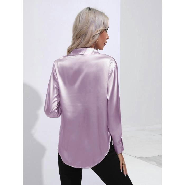 GULASISI Chemisier en satin de soie pour femme avec col en V et manches longues - Tunique décontractée et élégante pour le bureau, violet, M