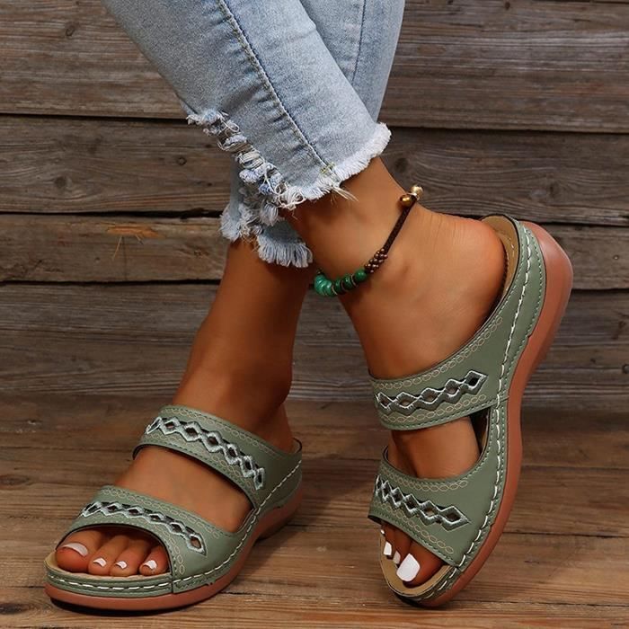 Sandales Femme t Confortable l gantes Pied Large Cuir Vert