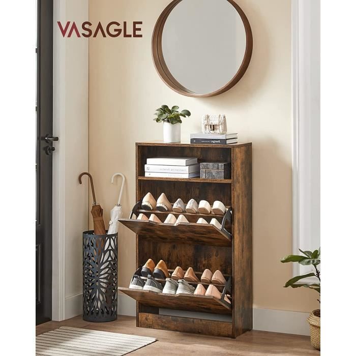 Mophorn Meuble à Chaussures Avec 2 Tiroirs Rabattables, Armoire De Rangement Au Style Rustique Equipee De 2 Compartiments Et Dun Dispositif Anti Basculement Finition Blanche Et Noyer 90710333