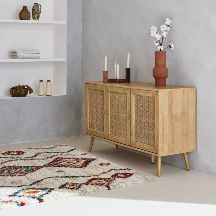 Buffet de rangement en cannage 120x39x70cm - Bohème - 2 niveaux. 3 ...