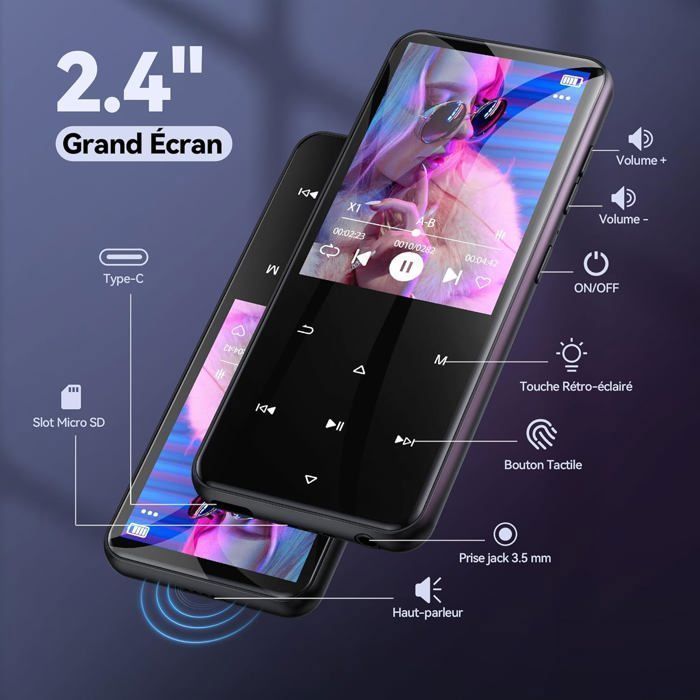 Lecteur MP3 Bluetooth 5.4 AGPTEK 64 Go - Haut-parleur Intégré, Son Hi-Fi, Radio FM, écran Tactile - Baladeur Portable Métal - 9