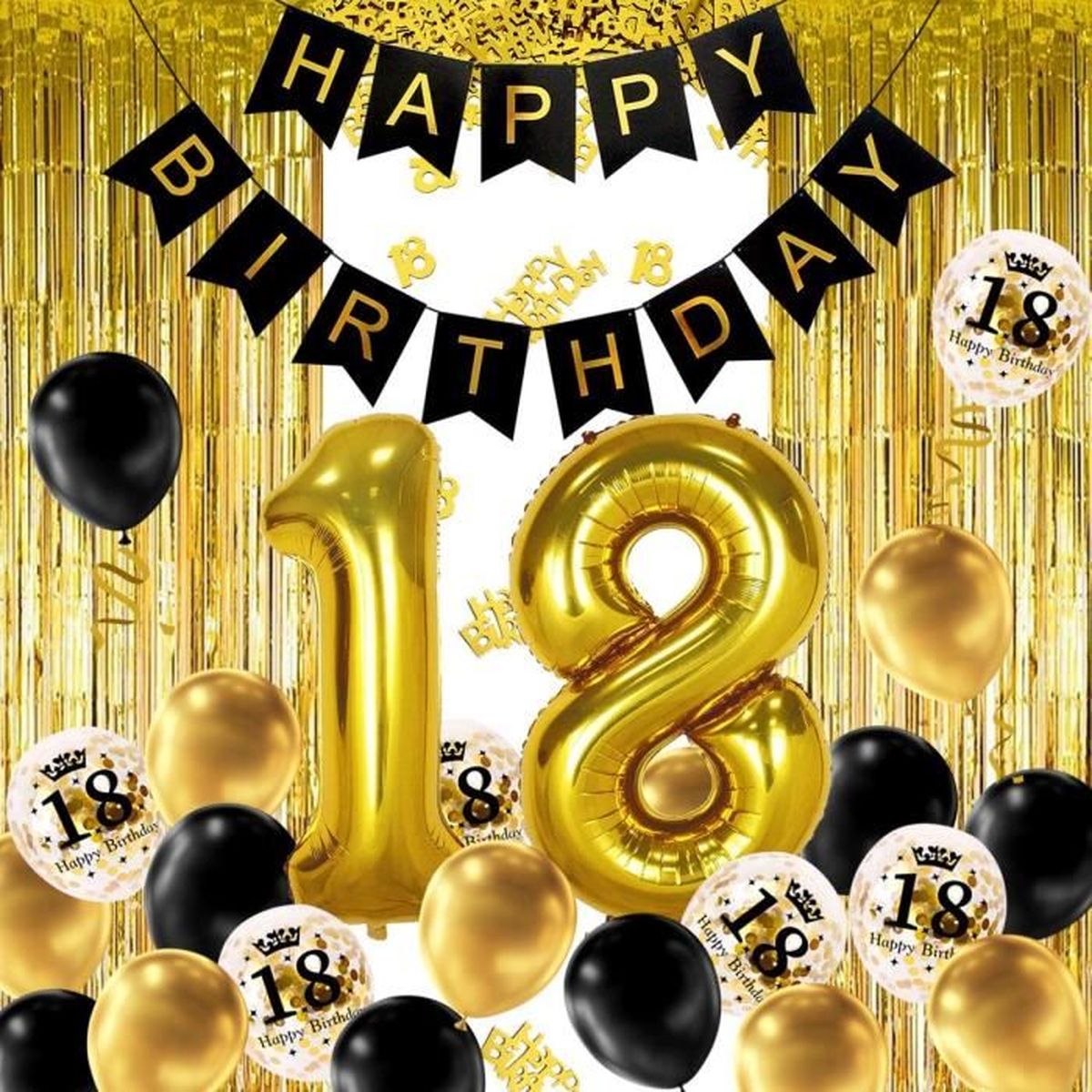 Izoel 18 Ans Deco Anniversaire Or Noir Banniere Joyeux Anniversaire Ballon Helium Chiffres 18 Xxl Rideau A Franges Or Noir Confet Cdiscount Maison