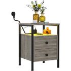 Table de Chevet Industriel PIPIPOXER - 2 tiroirs - Bois et Métal - Gris - avec Station de Charge et LED - 40 x 40 x 61 cm