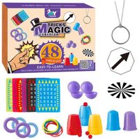 Kit de 48 tours de magie pour débutants, pour débutants, astuces magiques, nombreux ustensiles de magicien, pour garçons et filles