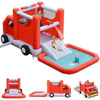 GOPLUS Aire de Jeu Château Gonflable Forme Camion de Pompier avec Divertissements Multiples pour 3-4 Enfants 3-10 Ans sans