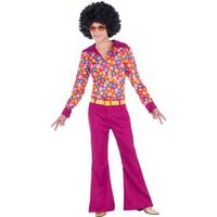 Déguisement Hippie - DisfraZZes - Années 70 - Rose Multicolore - Chemise, Pantalon et Ceinture
