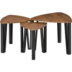 TABLE BASSE HOMCOM Ensemble de 3 Tables Basses gigognes encastrables Style Industriel piètements métal Noir en épingle Plateaux Aspect Bois de N
