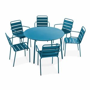 Ensemble table et chaise de jardin Salon de jardin Palavas - Table ronde et 6 fauteuils - Acier - Bleu Pacific