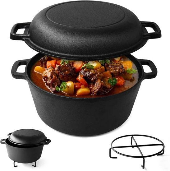 Marmite Dutch Oven Fonte 3L Avec Couvercle Et Lève-Couvercle - Cuisson Extérieure Feu De Camp