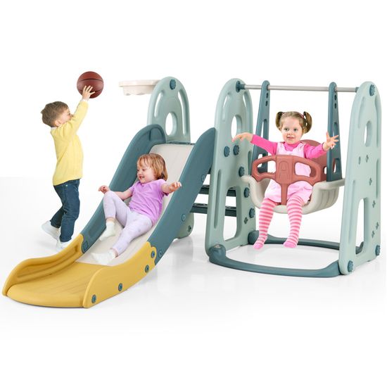 Toboggan 10 En 1 Pour Enfants – Avec Balançoire, Panier De Basket Et échelle – 252x150x102 Cm – En Plastique Résistant – Dès 1 An