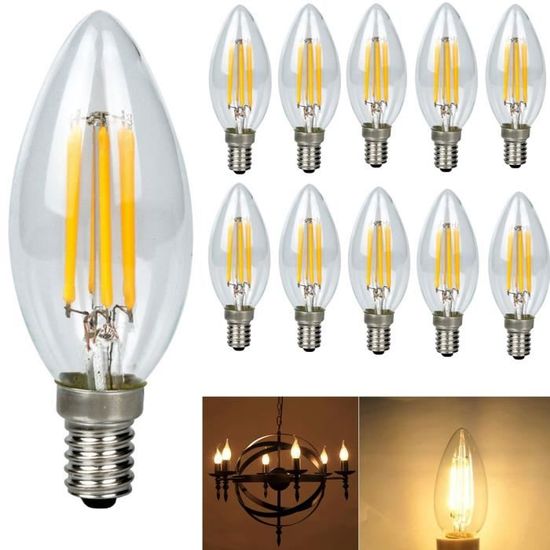 10X E14 Forme Bougie LED 4W Filament Ampoule LED Lampe COB LED Blanc Chaud 3000k Flame Tip Bright Lampe 400LM Non Dimmable AC220V