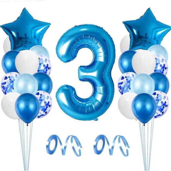 APERIL Bleu Ballons Anniversaire 3 Ans, 3er Décoration Anniversaire, Ballon  Chiffre 3, 30pcs Ballon Bleu Ballon de Confettis