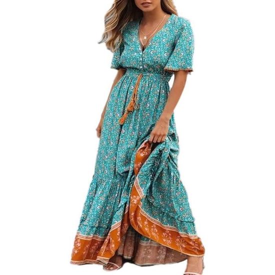Robe Été Femme Mi-Longue Coton Lin – Chic Élégante Décontractée Manches Courtes Robe Plage Vacances 2025