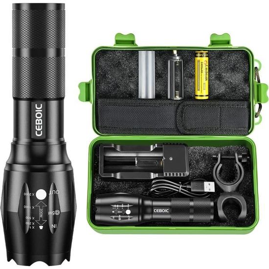 Pack De 2 Lampes Torches LED Puissantes A100 - 2000 Lumens, Zoomable, étanche, 5 Modes - Alimentées Par 3 Piles AAA