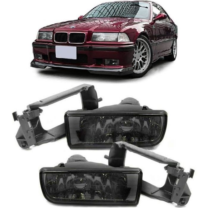 2 ANTIBROUILLARD NOIR TRANSLUCIDE BMW SERIE 3 E36 + SUPPORT ANTIBROUILLARD