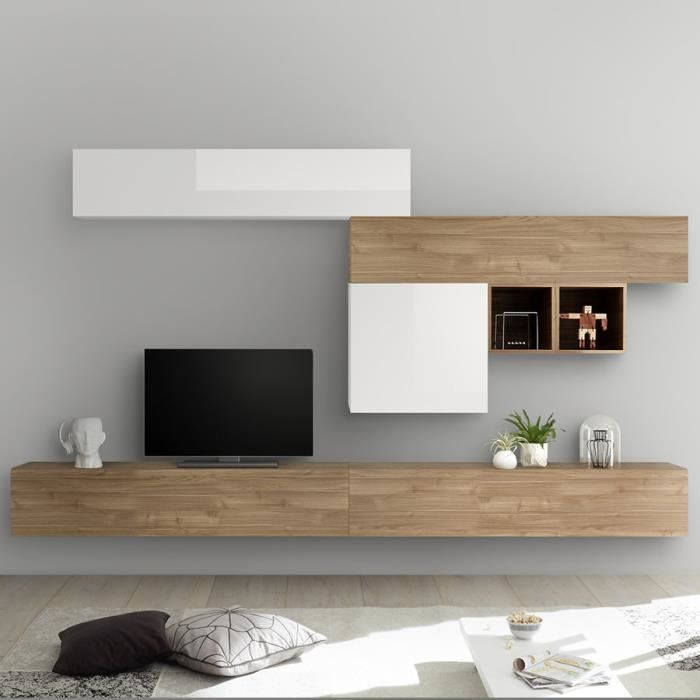 Ensemble meuble TV blanc laqué et couleur chêne GALATINA Marron L 275 x P 300 x H 200 cm
