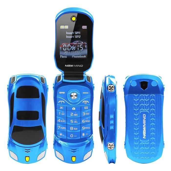 Téléphone portable débloqué F15 Mini Flip - En forme de voiture de sport - Double SIM - Lecteur MP3 / MP4 Bleu