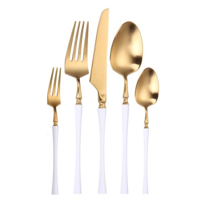 Couleur en or blanc 5pcs Ensemble de Couverts Dorés en acier inoxydable 18-10, Couteaux Dorés, Fourchettes, C