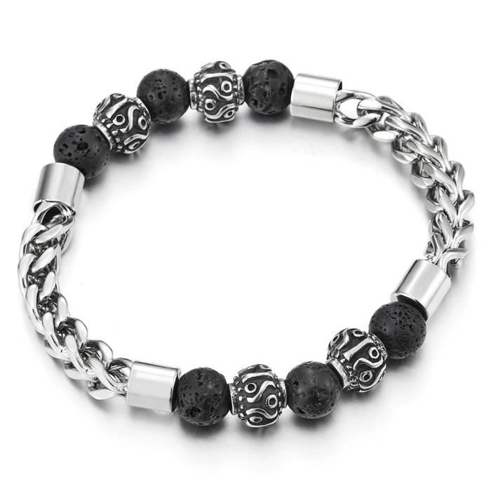 COOLSTEELANDBEYOND Homme Femme Elastique Lien Franco Gourmette Bracelet Acier Inoxydable Perle Noir Pierre Lave Volcanique Volcan