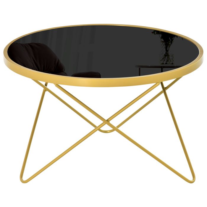 Table basse ronde design style art déco Ø 65 x 40H cm plateau verre trempé noir châssis acier doré 65x65x40cm Noir