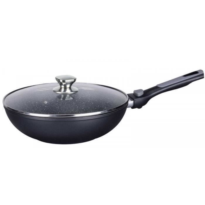 Wok Induction Compatible Tous Feux Revêtement Pierre Marbré Couvercle Verre Haute Qualité Manche Détachable 30cm