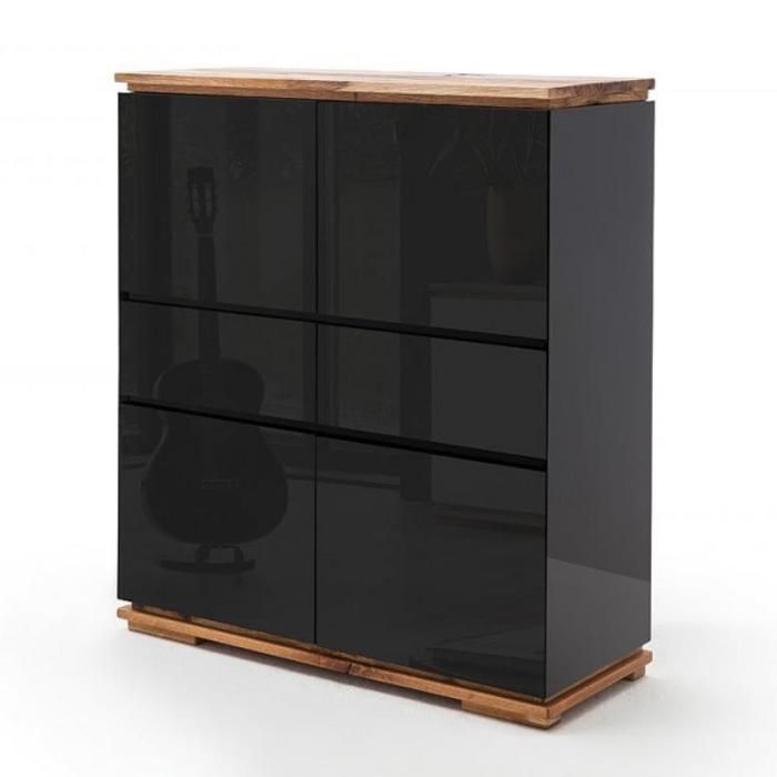 Buffet haut CHARLY 4 portes 2 tiroirs laqué noir brillant socle et plateau chêne noueux huilé noir Bois Inside75