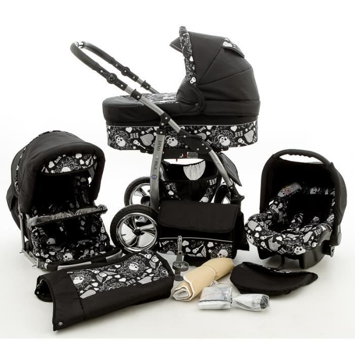 Dino Poussette Trio Nacelle Poussette Canne Siège auto Chancelière Parasol Accessoires 61 noir & noir skulls
