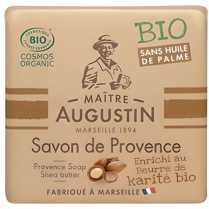Le savon de Provence Bio Karité MAITRE AUGUSTIN enrichi en beurre de karité nettoie votre peau tout en douceur.