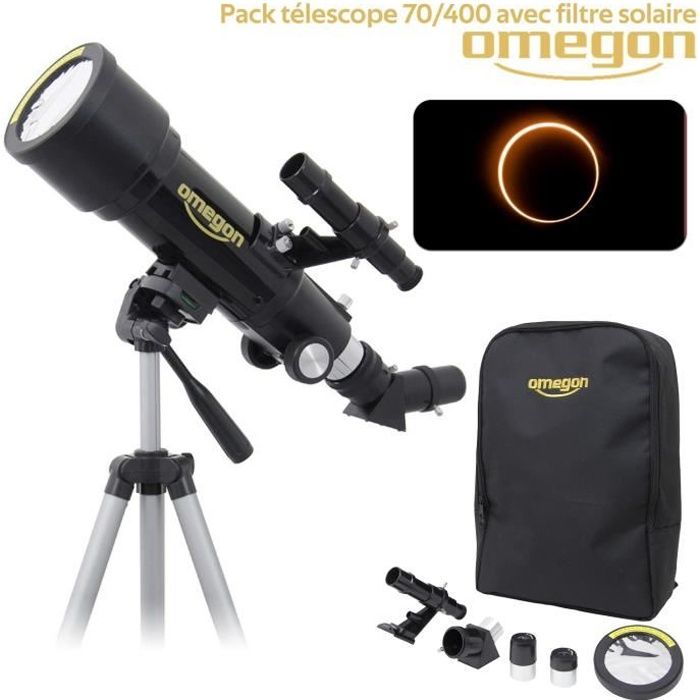 Télescope Omegon AC 70/400 AZ + Sac à dos + trépied + Filtre solaire + Occulaires K10 mm K20 mm, 1,25- + chercheur 5x24