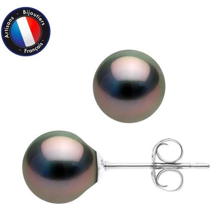 PERLINEA - Boucles d'Oreilles - Véritables Perles de Culture de Tahiti - Ovales 8-9 mm - Argent 925 Millièmes - Bijoux Femme