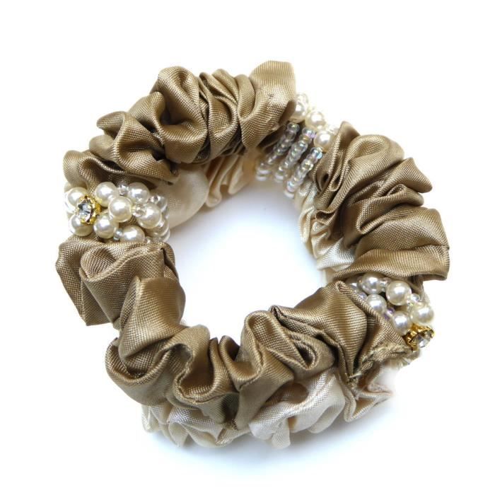 Elastique chouchou cheveux tissu et perles beige - RC004705D