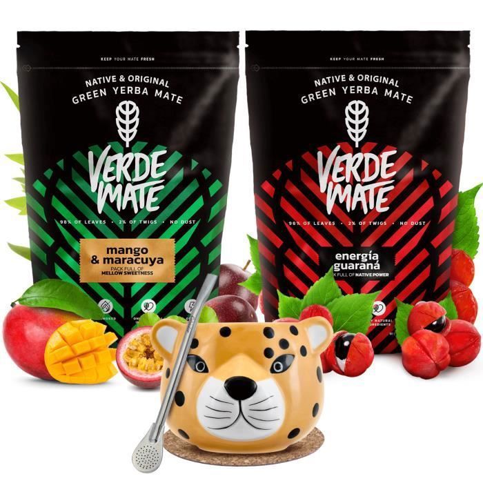 Yerba Mate 1kg Set Verde Mate Guarana Mango & Maracuya Non Fumé 2x500g + Jaune Calebasse MateJaguar 300 ml + Bombilla