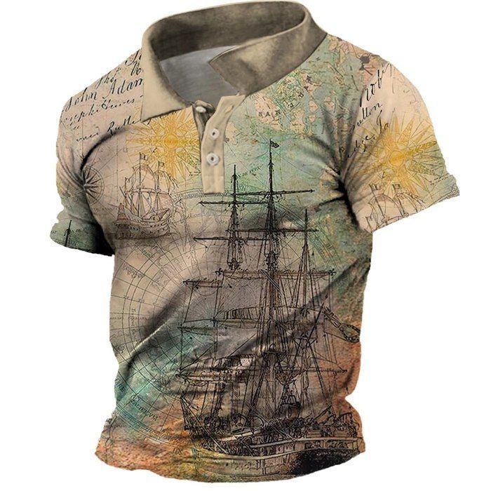 T-shirt,Polo vintage à manches courtes pour hommes,chemise boussole