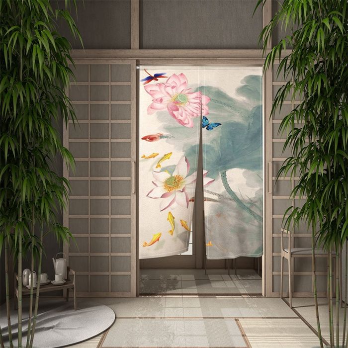 Rideau Style Japonais - Tenture Coton Lin Imprimé Vagues Bleues - 70x140 Cm - Pour Porte Ou Fenêtre - 3