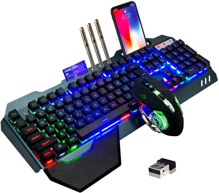 Clavier et souris de jeu sans fil rétroéclairés rechargeables 7 couleurs repose-main amovible batterie 3800 mAh