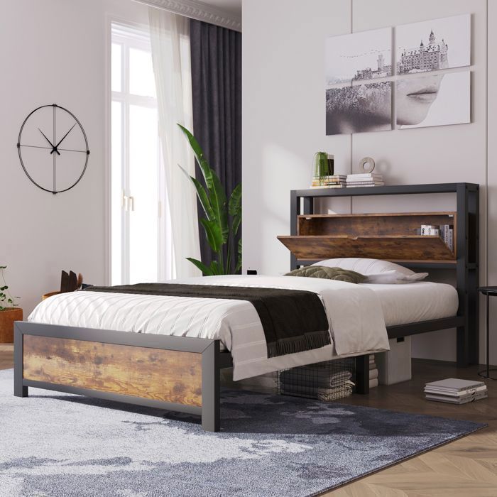 MODFU Lit adulte 90 x 200 cm lit simple avec tête de lit coffre et sommier à lattes métal bois et métal noir et naturel