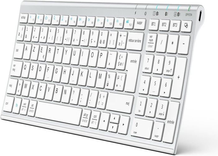 Clavier Bluetooth Clavier sans Fil Rechargeable Connecter 1 à 3 appareils AZERTY Mac iPad air Pro Tablette Ordinateur PC iPhone